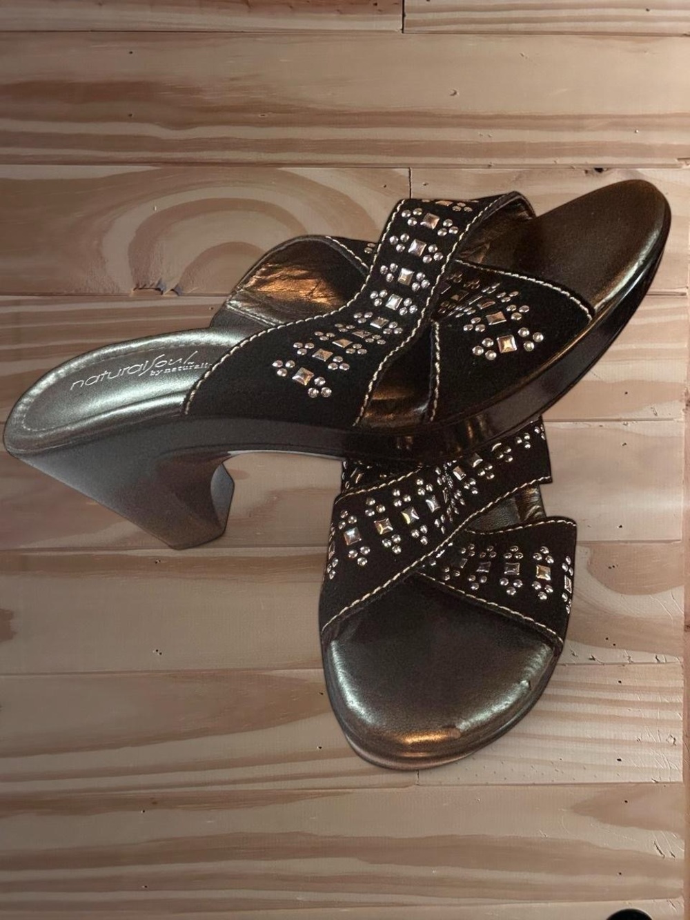 Black Leather studded wedge sandals from the brand Natural Soul s 8
